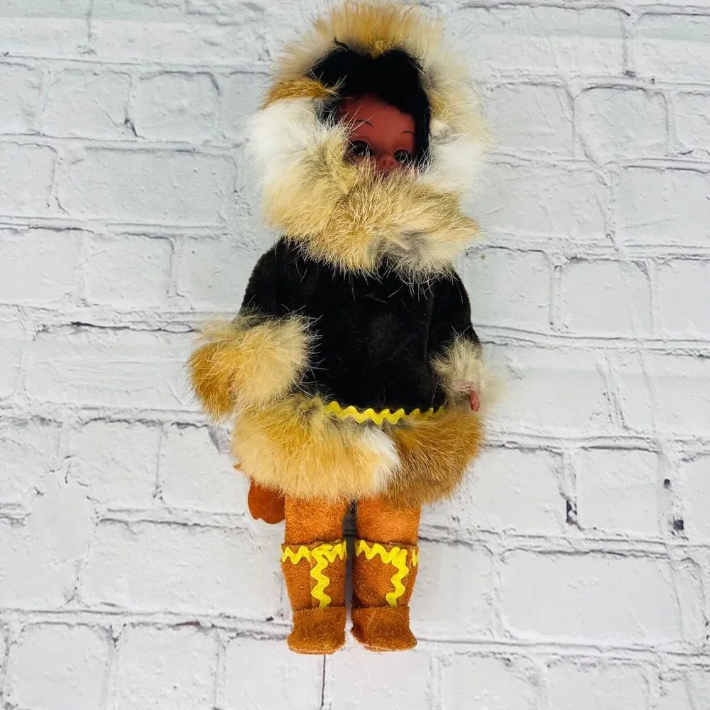 Vintage Artist Eskimo Girl Inuit Doll Native Alaskan Carlson Real Rabbit Fur